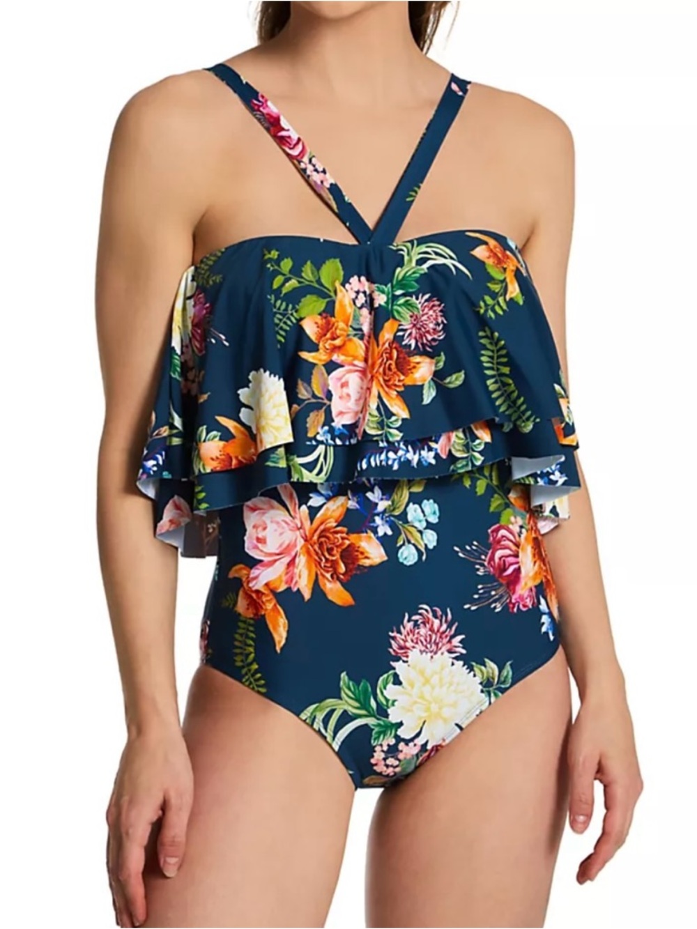 Jantzen Clair Ruffle Adjustable Halter One-Piece Floral Print Swimsuit NWT